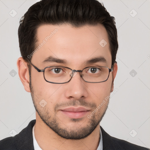 Neutral white young-adult male with short  brown hair and brown eyes