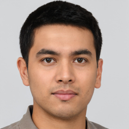 Neutral asian young-adult male with short  brown hair and brown eyes