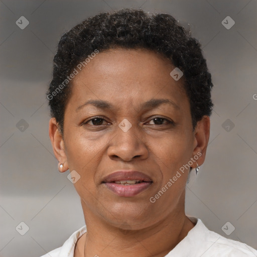 Joyful black adult female with short  brown hair and brown eyes