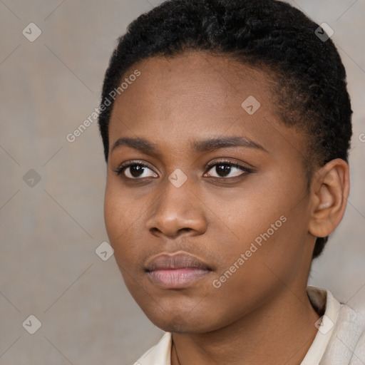 Neutral black young-adult female with short  black hair and brown eyes