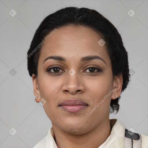 Joyful latino young-adult female with short  brown hair and brown eyes