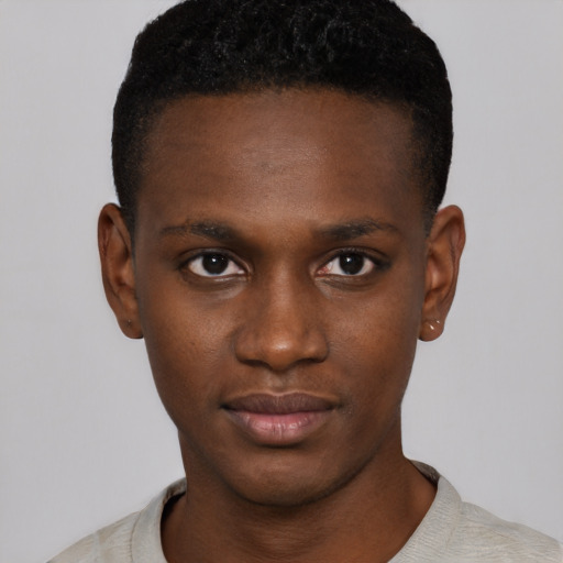 Neutral black young-adult male with short  black hair and brown eyes