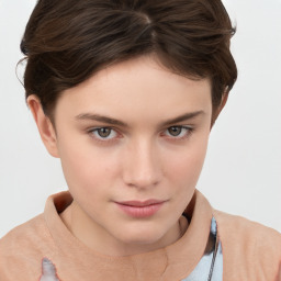 Neutral white young-adult female with short  brown hair and brown eyes