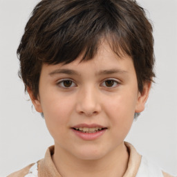 Joyful white child female with medium  brown hair and brown eyes