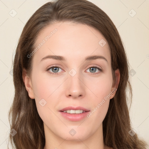 Neutral white young-adult female with long  brown hair and grey eyes