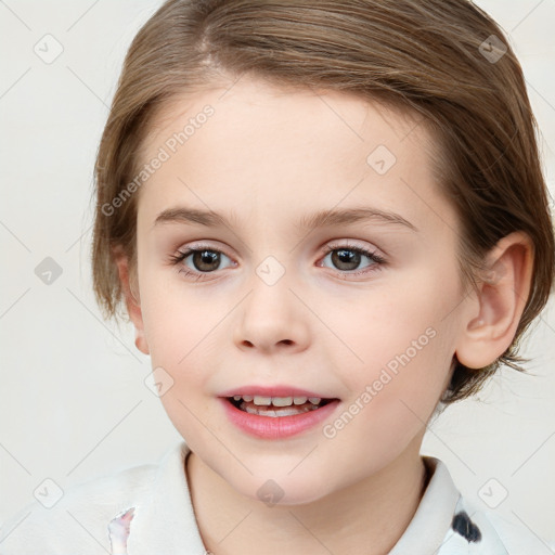 Joyful white child female with medium  brown hair and brown eyes