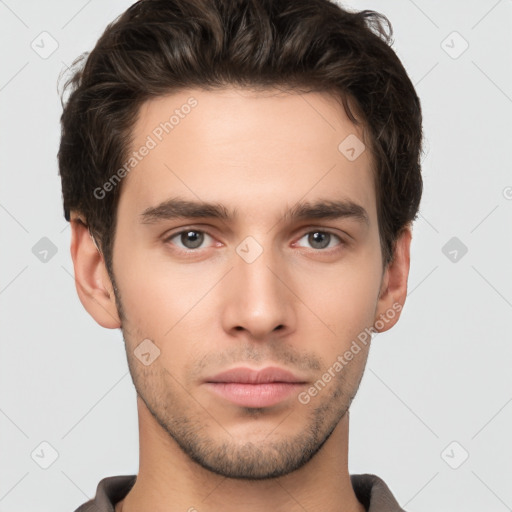 Neutral white young-adult male with short  brown hair and brown eyes