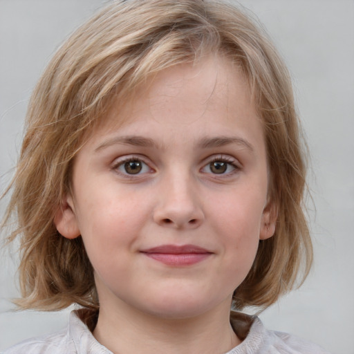 Joyful white child female with medium  brown hair and brown eyes