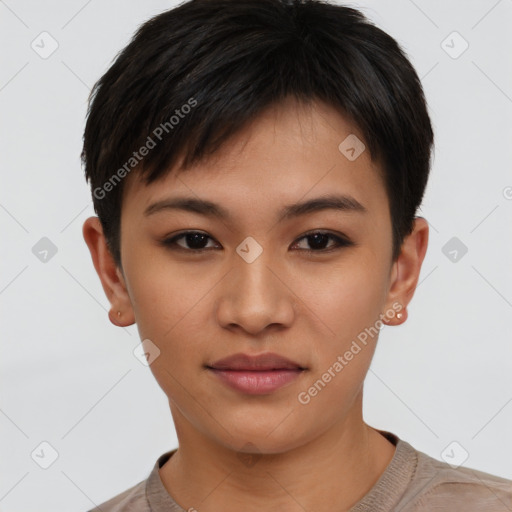 Joyful asian young-adult female with short  brown hair and brown eyes