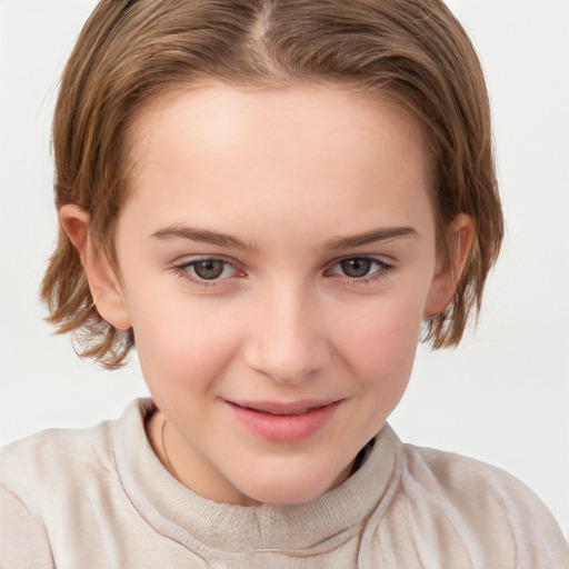 Joyful white child female with medium  brown hair and brown eyes