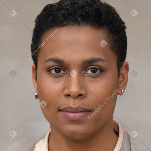 Neutral black young-adult female with short  brown hair and brown eyes