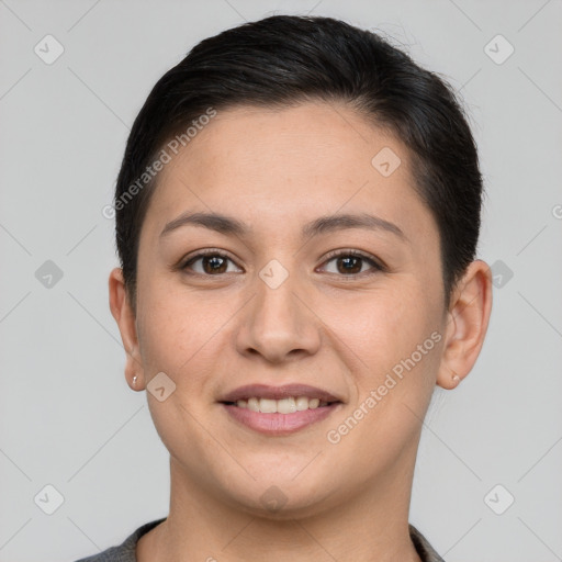 Joyful white young-adult female with short  brown hair and brown eyes