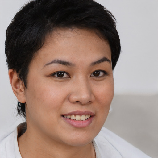 Joyful white young-adult female with short  brown hair and brown eyes