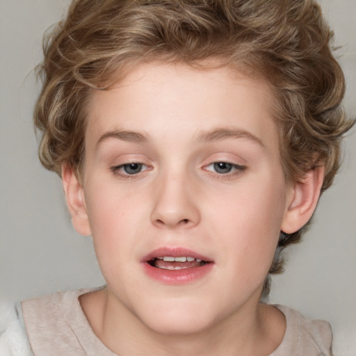 Joyful white child female with medium  brown hair and blue eyes