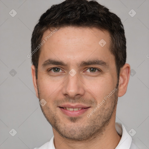 Joyful white young-adult male with short  brown hair and brown eyes