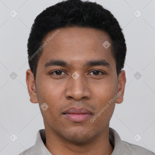 Neutral latino young-adult male with short  black hair and brown eyes
