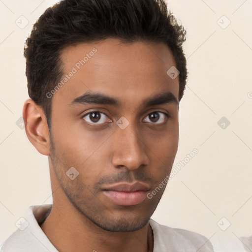 Neutral white young-adult male with short  brown hair and brown eyes