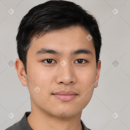 Neutral asian young-adult male with short  black hair and brown eyes