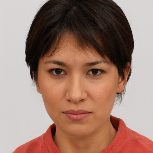 Neutral white young-adult female with medium  brown hair and brown eyes
