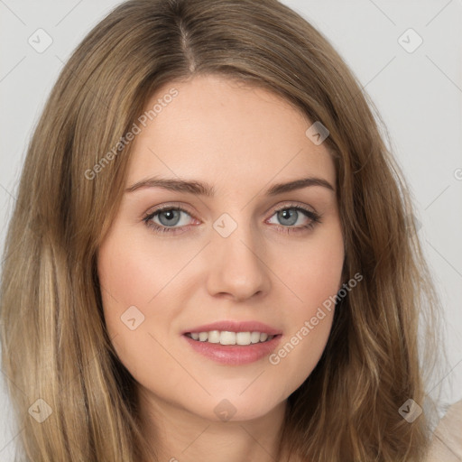 Joyful white young-adult female with long  brown hair and green eyes