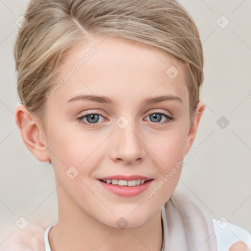 Joyful white young-adult female with short  brown hair and blue eyes