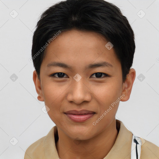 Joyful asian young-adult female with short  black hair and brown eyes