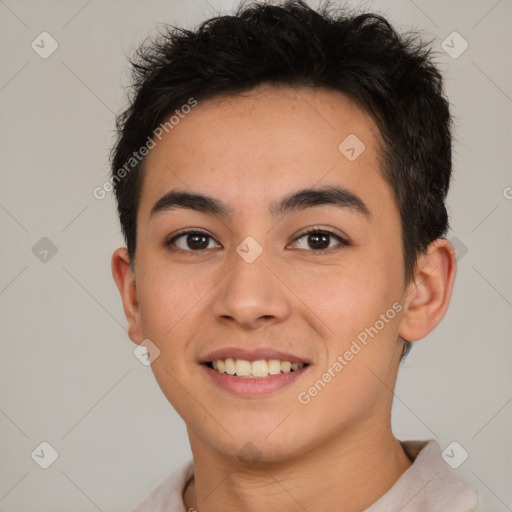 Joyful latino young-adult male with short  brown hair and brown eyes