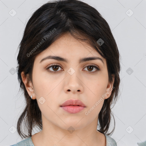 Neutral asian young-adult female with medium  brown hair and brown eyes