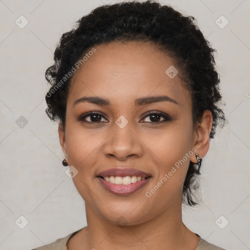 Joyful latino young-adult female with short  black hair and brown eyes