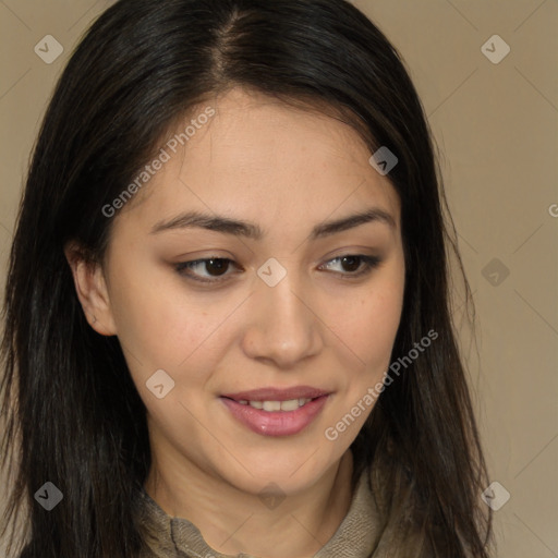 Joyful latino young-adult female with long  brown hair and brown eyes