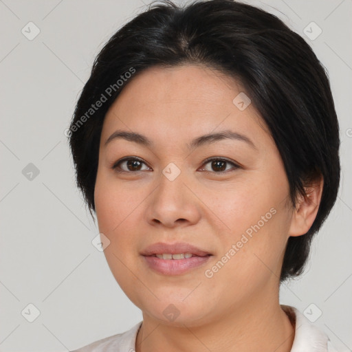 Joyful white young-adult female with medium  brown hair and brown eyes