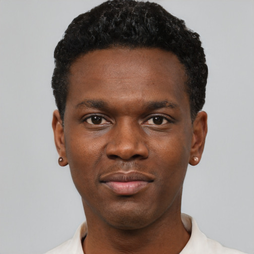 Neutral black young-adult male with short  black hair and brown eyes