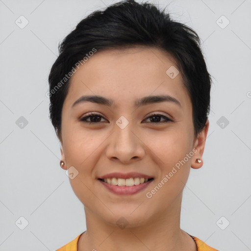 Joyful asian young-adult female with short  brown hair and brown eyes