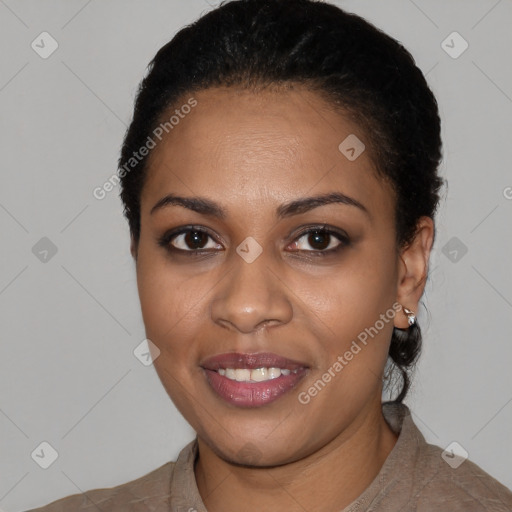 Joyful latino young-adult female with short  black hair and brown eyes