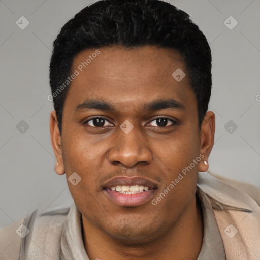 Joyful black young-adult male with short  black hair and brown eyes