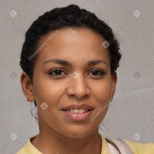 Joyful latino young-adult female with short  brown hair and brown eyes