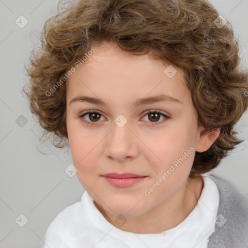 Joyful white child female with medium  brown hair and brown eyes