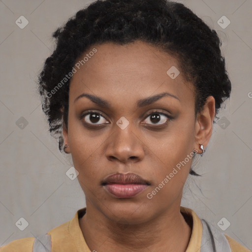 Neutral black young-adult female with short  black hair and brown eyes