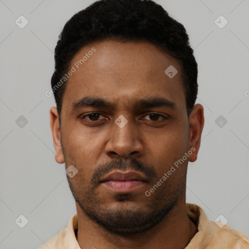 Neutral black young-adult male with short  black hair and brown eyes