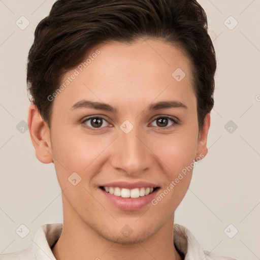 Joyful white young-adult female with short  brown hair and brown eyes