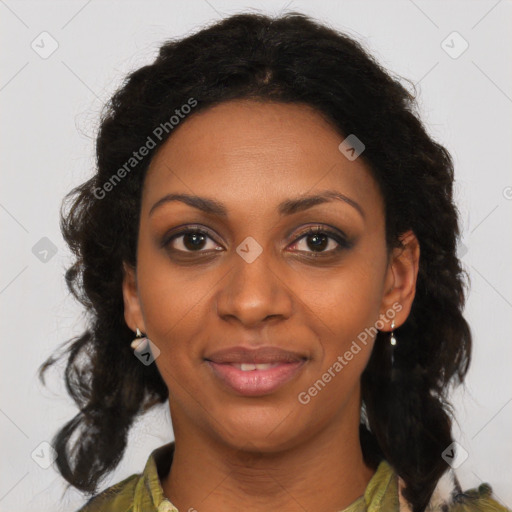 Joyful black young-adult female with medium  brown hair and brown eyes