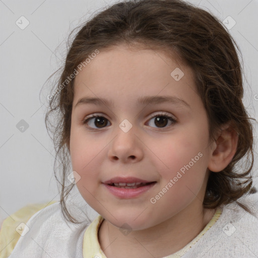 Joyful white child female with medium  brown hair and brown eyes