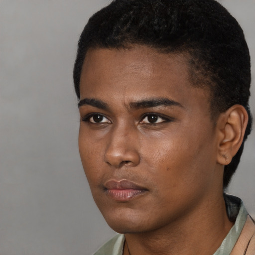 Neutral black young-adult male with short  black hair and brown eyes