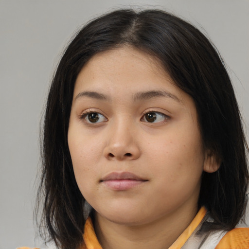 Neutral asian young-adult female with medium  brown hair and brown eyes