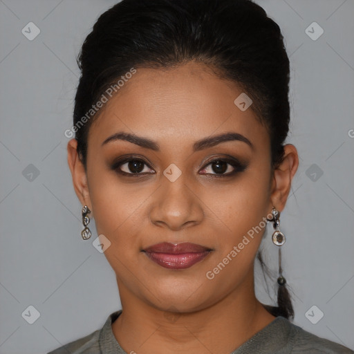 Joyful latino young-adult female with medium  brown hair and brown eyes