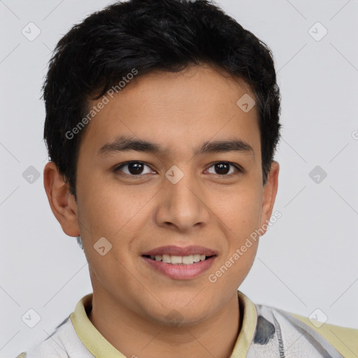 Joyful latino young-adult male with short  brown hair and brown eyes