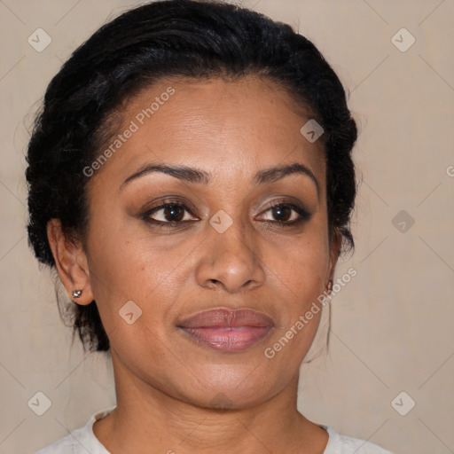 Joyful latino young-adult female with short  brown hair and brown eyes