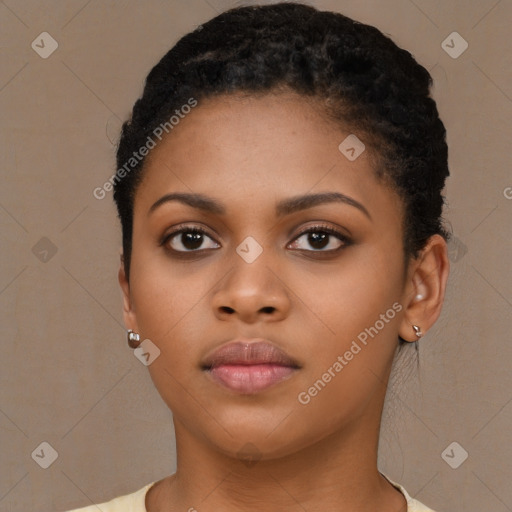 Neutral black young-adult female with short  brown hair and brown eyes