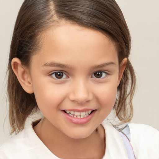 Joyful white child female with medium  brown hair and brown eyes