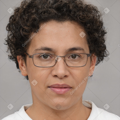 Joyful white adult female with short  brown hair and brown eyes